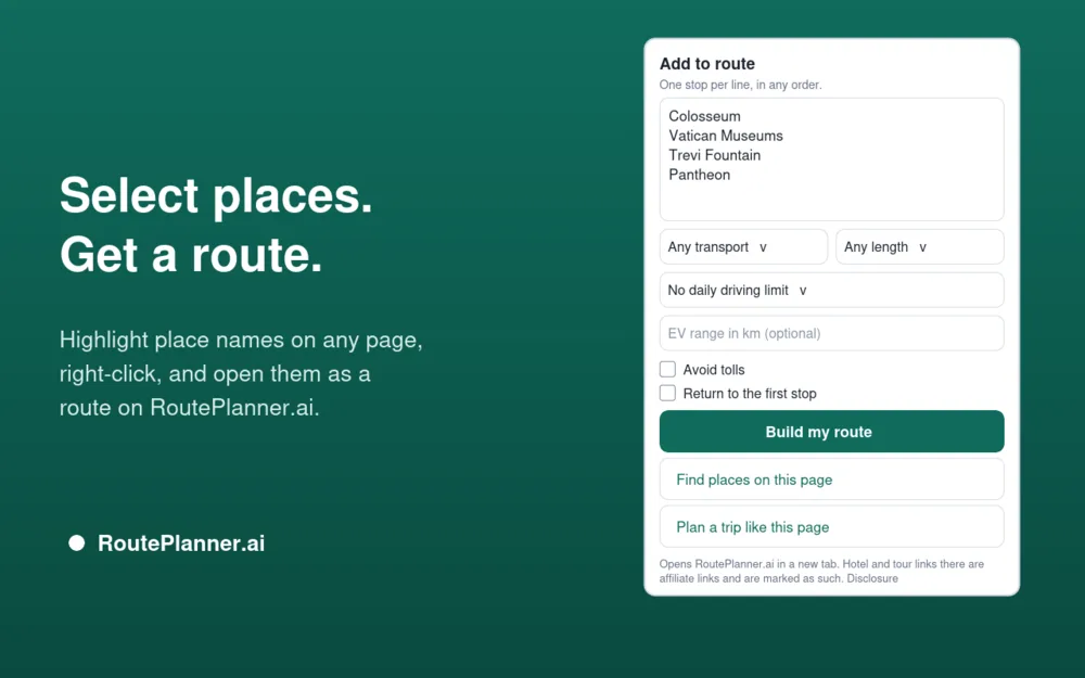 The RoutePlanner popup with places filled in