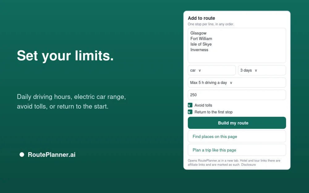 Setting driving hours, EV range and tolls
