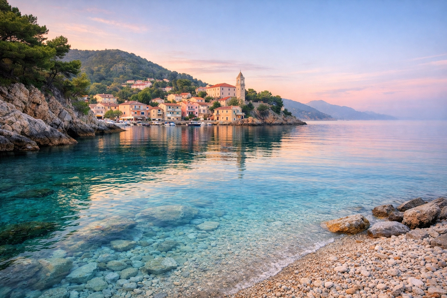 Mediterranean coastal town at golden hour